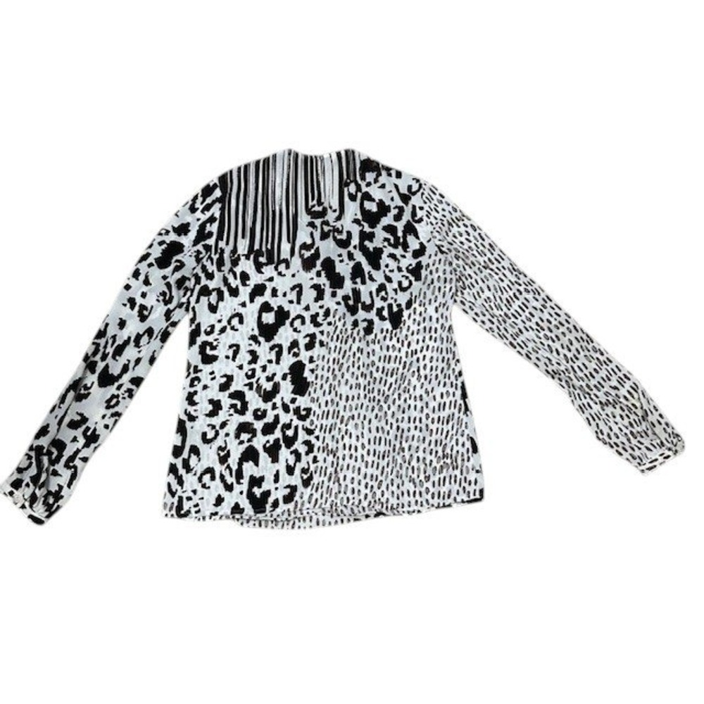 Cabi‎ XS Animal Print Blouse Top Tie Neck Long Sleeve Abstract White Black - Picture 10 of 15